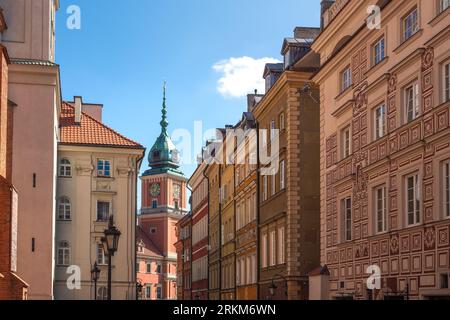 Street in old town with Royal Castle Clock Tower - Warsaw, Poland Stock Photo