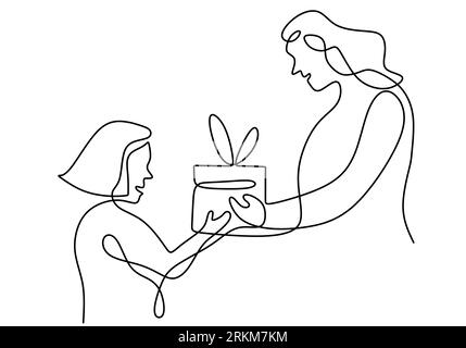 Happy loving father gives daughter gift box surprise, continuous one line drawing minimalist vector illustration. Good for Fathers day moment or chris Stock Vector