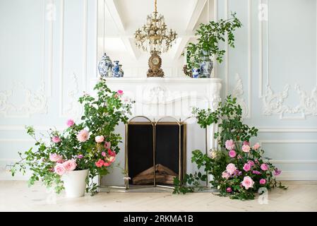 Luminoso e lussuoso soggiorno interno di colore bianco e blu con fiori in vasi. le pareti sono decorate con rococò. Vaso con fiori sul retro Foto Stock