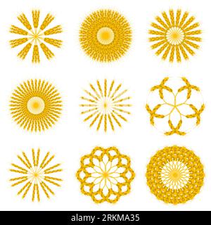 Round wheat wreaths and ornament set. Golden and yellow colors. Stock Vector