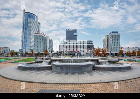 Pobeditelei Avenue with Minsk Financial District Modern Buildings and Galleria Minsk Shopping center - Minsk, Belarus Stock Photo