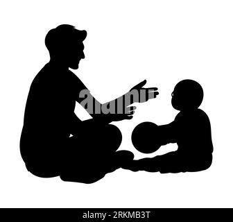 Silhouette nera di un papà che gioca con suo figlio, papà che gioca a palla con suo figlio all'aperto, bambini e genitori che trascorrono del tempo insieme in estate, vettoriale Illustrazione Vettoriale