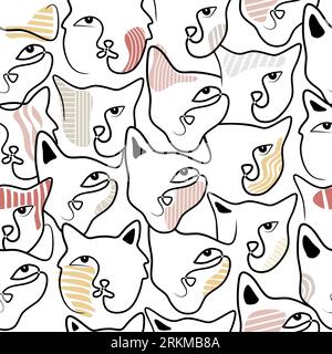Una singola linea continua di graziosi volti gatto motivo senza cuciture isolato su sfondo bianco design minimalista. Illustrazione Vettoriale