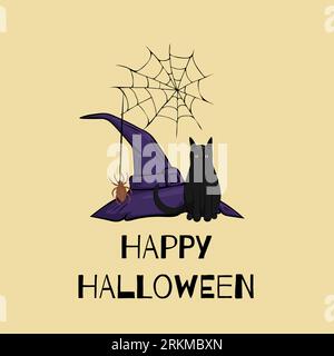 Vector Halloween illustration for a poster or greeting card. A witch hat, a cat and spider web on a yellow background Stock Vector