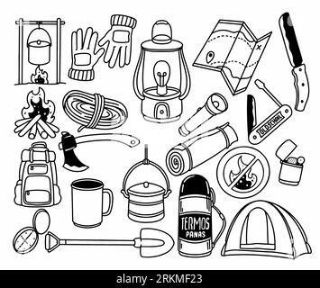 Elementi disegnati a mano per campeggio ed escursioni, isolati su sfondo bianco. Sfondo carino per volantini e poster dei campi estivi. Mountain Camping Doodle sketc Illustrazione Vettoriale