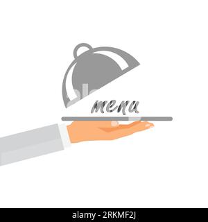 Mano di una persona che tiene un vassoio con un cloche e il menu delle parole Illustrazione Vettoriale