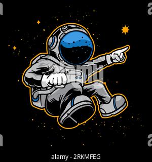 Illustrazione disegnata a mano di un simpatico astronauta che vola sullo spazio in grigio, blu e dorato. Illustrazione Vettoriale