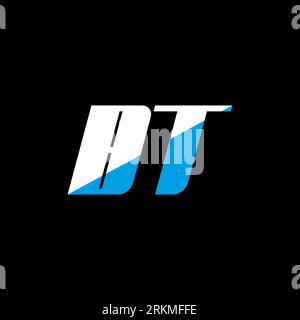 Logo BT Letter su sfondo nero. Concetto di logo lettera con iniziali creative BT. design icona bt. Icona BT bianca e blu con lettera su bac nero Illustrazione Vettoriale