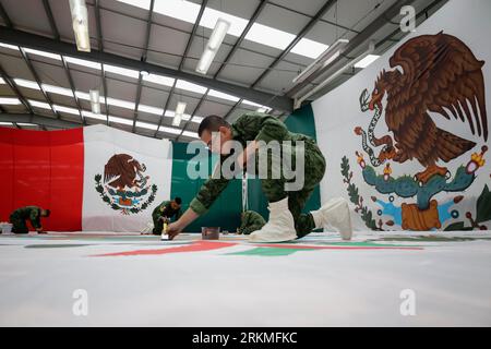 Mexiko Stadt, Messico. 25 agosto 2023. I membri delle forze armate dipingono una bandiera gigante del Messico durante i preparativi per il 213° giorno dell'indipendenza del paese. Le sfilate cerimoniali si terranno il 15 e 16 settembre. Crediti: Gerardo Vieyra/dpa/Alamy Live News Foto Stock