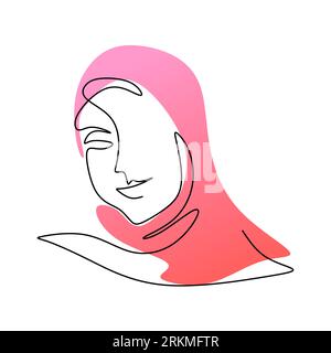 Una singola linea continua di donna hijab rosa isolata su sfondo bianco. Illustrazione Vettoriale