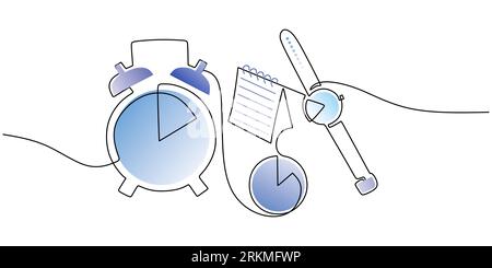 Una sola linea continua di sveglia, orologio e calendario isolati su sfondo bianco per studiare le cose. Illustrazione Vettoriale