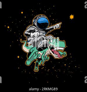 Hand drawn of astronaut riding dinosaurs on black space in green, grey, blue and gold color. Stock Vector