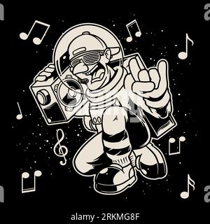 Hand drawn of Astronaut on space with rapper style bring radio with music symbol isolated on black background for shirt or wallpaper in monochrome sty Stock Vector