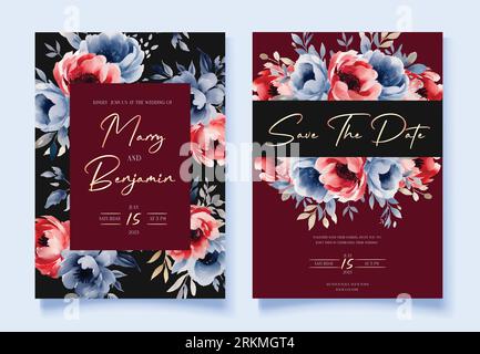 Biglietto d'invito per matrimoni floreali. Acquerello Pyone flowers.Vector. Illustrazione Vettoriale