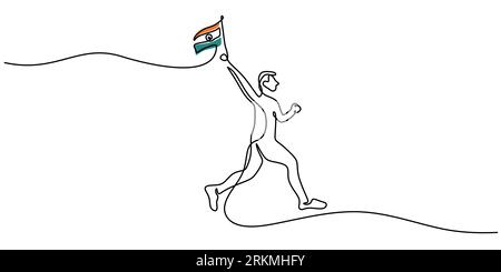 Una singola linea continua di uomini indiani che reggono bandiera indiana per il giorno della repubblica, isolati su sfondo bianco. Illustrazione Vettoriale