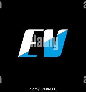 Logo EV Letter su sfondo nero. Concetto di logo lettera con iniziali creative EV. design icona ev. Icona a forma di lettera bianca e blu EV su bac nero Illustrazione Vettoriale