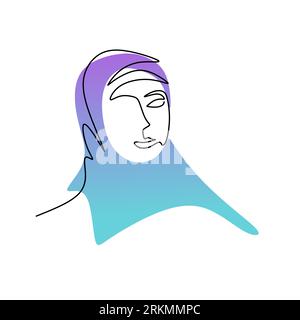 Continuous one single line of blue hijab woman isolated on white background. Illustrazione Vettoriale