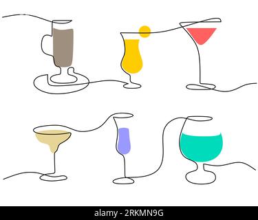 Set di bicchieri da cocktail a una linea continua per feste isolate su sfondo bianco. Illustrazione Vettoriale