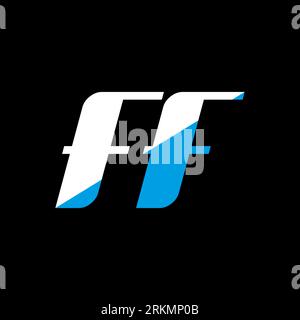Logo FF Letter su sfondo nero. Concetto di logo lettera iniziali creative FF. design icona ff. Icona a forma di lettera FF bianca e blu su bac nero Illustrazione Vettoriale