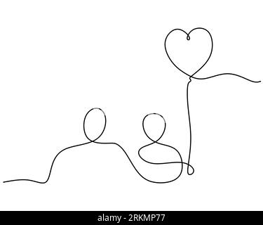 One continuous single line of a couple of lovers walk hand in hand carrying heart balloons for valentine day isolated on white background. Stock Vector