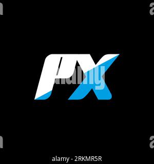 Logo PX Letter su sfondo nero. Concetto di logo Letter con iniziali creative PX. Design dell'icona PX. Icona a forma di lettera bianca e blu PX su bac nero Illustrazione Vettoriale