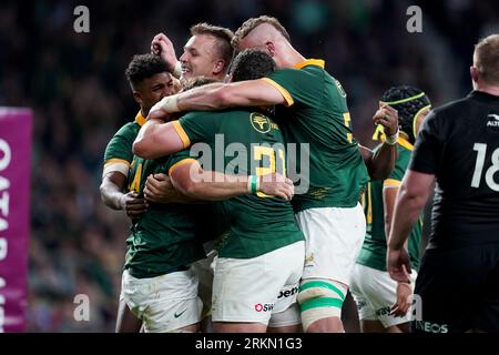 South Africa's Eben Etzebeth celebrates with teammates after scoring a try during the international match at Twickenham Stadium, London. Picture date: Friday August 25, 2023. Stock Photo