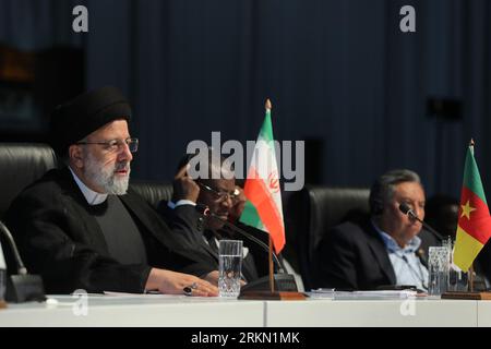 Johannesburg, Gauteng, Sudafrica. 24 agosto 2023. Il presidente iraniano EBRAHIM RAISI si si rivolge al 15° vertice BRICS. I leader BRICS hanno annunciato che avrebbero accolto sei nuovi membri nel gennaio 2024: Iran, Argentina, Egitto, Etiopia, Arabia Saudita, e gli Emirati Arabi Uniti. (Immagine di credito: © Presidenza iraniana via ZUMA Press Wire) SOLO USO EDITORIALE! Non per USO commerciale! Foto Stock