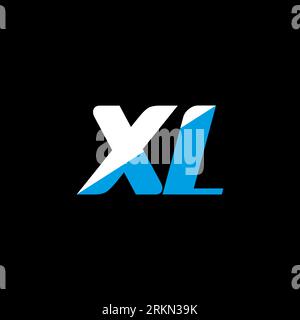 Logo XL Letter su sfondo nero. Concetto di logo Letter con iniziali creative XL. Design XL Icon. Icona a forma di lettera XL bianca e blu su bac nero Illustrazione Vettoriale