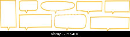Fumetti vocali e bollature di testo, disegnati con una linea a fumetti. Set di elementi della cornice per marcatori gialli disegnati a mano. dialogo e rappresentazione del dialogo. Vettore piatto Illustrazione Vettoriale