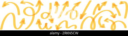 Frecce gialle disegnate a mano con spirali e curve. Pennello e pennarello gli elementi degli scarabocchi, rivolti verso l'alto. Illustrazione vettoriale piatta isolata su bianco Illustrazione Vettoriale