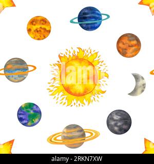 Motivo ad acquerello senza cuciture con pianeti intorno al sole. Sistema solare pianeta mercurio, venere, terra, marte, giove, saturno, urano, nettuno e luna Foto Stock