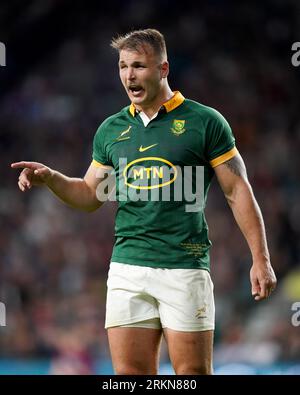 Il sudafricano Andre Esterhuizen grida istruzioni durante la partita internazionale al Twickenham Stadium di Londra. Data immagine: Venerdì 25 agosto 2023. Foto Stock