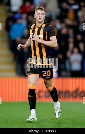 Liam Delap di Hull City in azione durante la partita del campionato Sky Bet allo stadio MKM di Hull. Data immagine: Venerdì 25 agosto 2023. Foto Stock