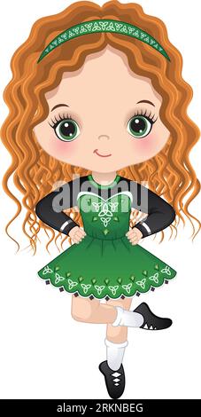 Vector cute Girl Dancing Irish Dance in tradizionale abito celtico Illustrazione Vettoriale