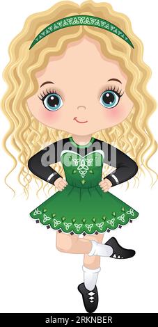 Vector cute Girl Dancing Irish Dance in tradizionale abito celtico Illustrazione Vettoriale