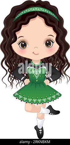 Vector cute Girl Dancing Irish Dance in tradizionale abito celtico Illustrazione Vettoriale