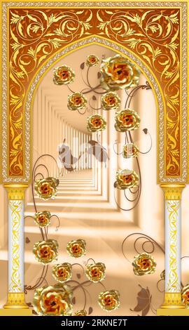 Vista 3D della carta da parati 3D che mostra una porta decorata con rose dorate e farfalle Foto Stock