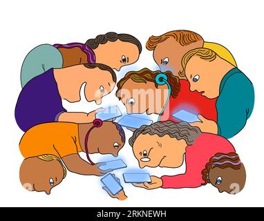 Gruppo di persone multietniche che guardano la luce blu sullo schermo del dispositivo. Dipendenza da telefoni cellulari, problemi visivi e di salute mentale nella società. Foto Stock