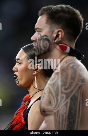 Twickenham, Regno Unito. 25 agosto 2023. Nuova Zelanda V Sud Africa 2023 partita di riscaldamento della Coppa del mondo di rugby per la Qatar Airways Cup. Stadio Twickenham. Twickenham. I perforatori neozelandesi prima dell'inizio della nuova Zelanda V South Africa 2023 Rugby World Cup warm up match per la Qatar Airways Cup. Credito: Sport in Pictures/Alamy Live News Foto Stock