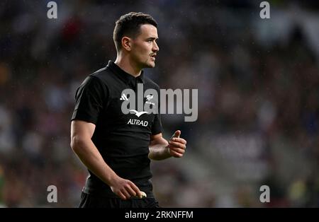 Twickenham, Regno Unito. 25 agosto 2023. Nuova Zelanda V Sud Africa 2023 partita di riscaldamento della Coppa del mondo di rugby per la Qatar Airways Cup. Stadio Twickenham. Twickenham. Will Jordan (nuova Zelanda) durante la partita di riscaldamento della Coppa del mondo di rugby 2023 della nuova Zelanda V Sud Africa per la Qatar Airways Cup. Credito: Sport in Pictures/Alamy Live News Foto Stock