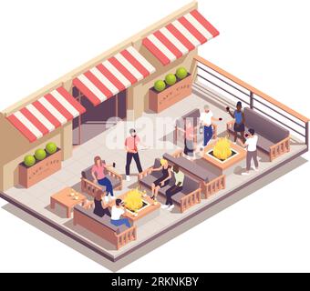 Street cafe isometric concept with restaurant patio terrace vector illustration Stock Vector