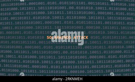 Attacco informatico solarwinds. Testo della vulnerabilità in stile ART ascii del sistema binario, codice nella schermata dell'editor. Testo in inglese, testo in inglese Foto Stock