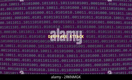 Attacco deepfake Cyber Attack. Testo della vulnerabilità in stile ART ascii del sistema binario, codice nella schermata dell'editor. Testo in inglese, testo in inglese Foto Stock