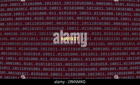 Rootkit Cyber Attack. Testo della vulnerabilità in stile ART ascii del sistema binario, codice nella schermata dell'editor. Testo in inglese, testo in inglese Foto Stock