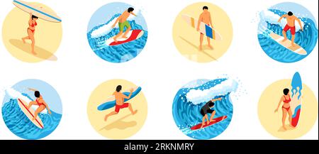 Surfing isometric round compositions with male and female persons catching big wave on surfboard isolated vector illustration Illustrazione Vettoriale
