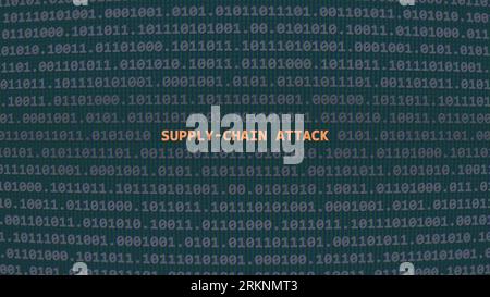 Attacco informatico alla catena di fornitura. Testo della vulnerabilità in stile ART ascii del sistema binario, codice nella schermata dell'editor. Testo in inglese, testo in inglese Foto Stock
