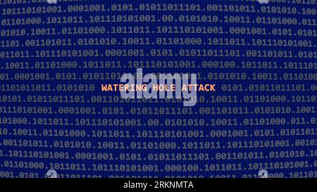 Attacco informatico attacco "watering hole". Testo della vulnerabilità in stile ART ascii del sistema binario, codice nella schermata dell'editor. Testo in inglese, testo in inglese Foto Stock
