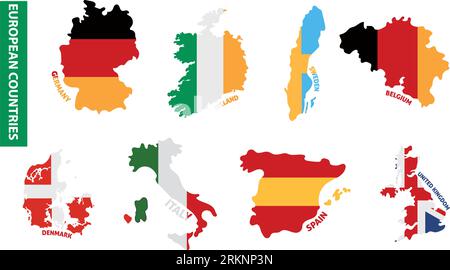 Set di mappe colorate dei paesi europei con bandiere Vector Illustrazione Vettoriale