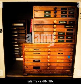 File di ripiani contenenti strumenti mobili e per la stampa di caratteri. Gli iconici cassetti in legno poco profondi sono etichettati per una posizione efficiente degli articoli in un'officina affollata. Foto di alta qualità Foto Stock