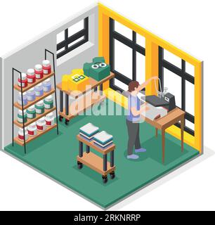 Fabric printing technologies isometric object with woman making print on clothes in workshop isolated vector illustration Stock Vector